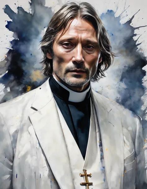 Messy painting style portrait of a Mads Mikkelsen lookalike, white, neck length hair, suit, white collar priest, grizzling hair, no beard, serious