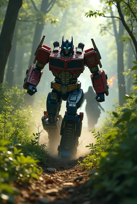 Optimus Prime chases and shoots a black-suited ghost in the forest.