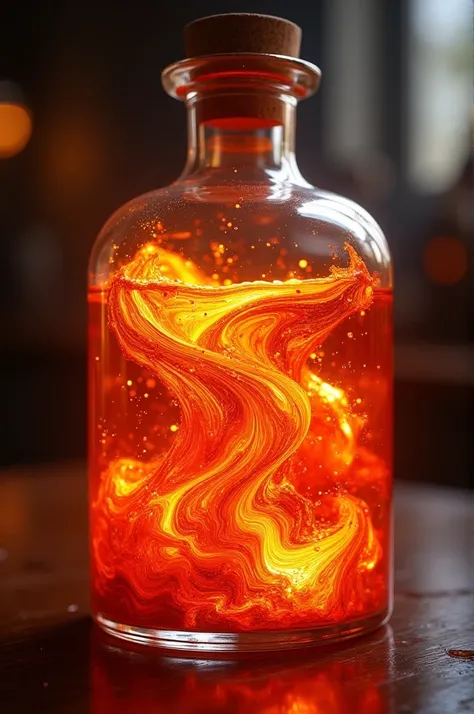 A Potion with a Fiery red with golden streaks, swirling like flames, and a radiant, warm glow that intensifies when held.