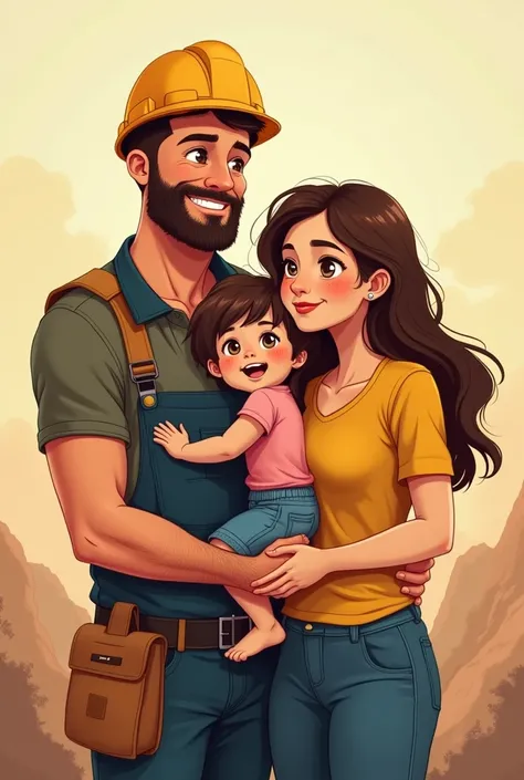 dibujo de familia de Husband que trabaja en minería, Husband, wife, 6 year old daughter, 3 year old son, hugged and loved