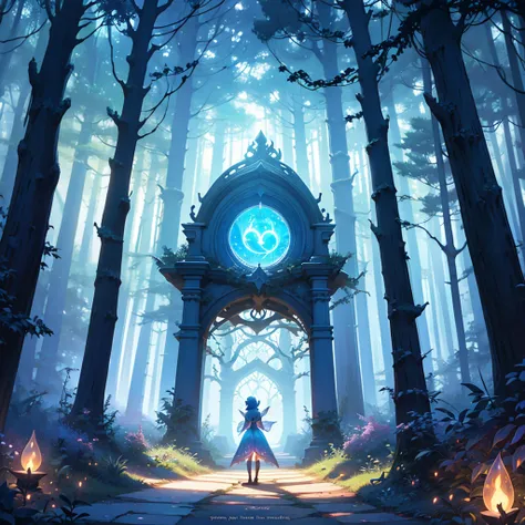 A magical forest at dawn, with a path leading to a glowing portal, symbolizing new opportunities and possibilities. A fairy-like creature stands by the portal, inviting the viewer to step through with the words "Believe in the Magic of New Beginnings" writ...