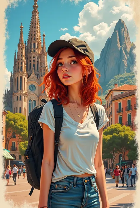 Imagine a red-haired white teenager with a cap visiting Barcelona and making a collage of photos and the places she went and being at the Tibidabo church