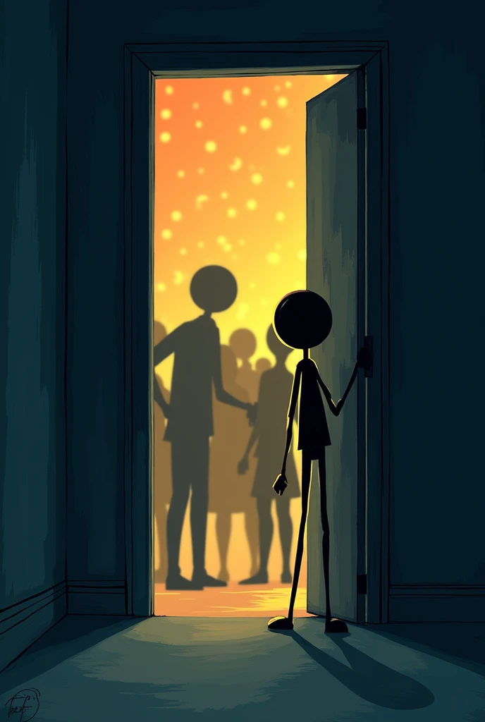 Create a picture of a stick figure, who watches others at a party through a keyhole. Select a page view 