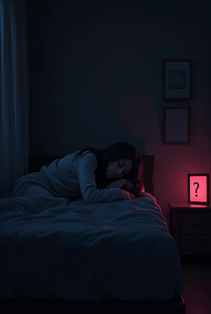 Dark teen room at night with red LED. A single bed and next to that bed a picture with a question mark. And in that bed a girl turned away. square image