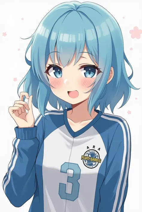 A woman with jellyfish-like hair, her hair is shoulder-length, and she is wearing a tracksuit with cute, slanted eyes. She is wearing a track top and a jersey. She has a look on her face like she is asking for something.
