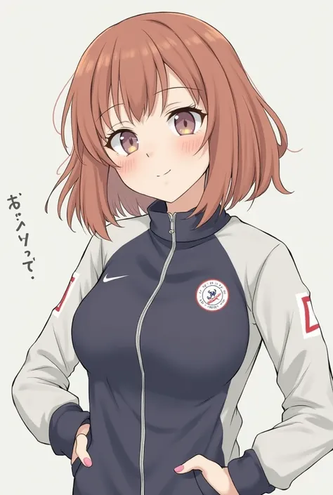 A woman with jellyfish-like hair, her hair is shoulder-length, and she is wearing a tracksuit with cute, slanted eyes. She is wearing a track top and a jersey. She has a look on her face like she is asking for something.
