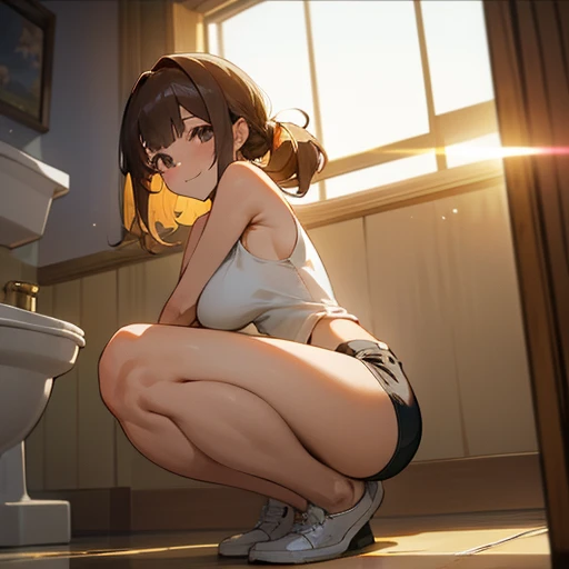 ((girl)), Ray Tracing, (Golden Light) [Detailed背景 (toilet)), Squat down and stick your butt out, action (Performance (Energetic) 
短い三つ編みポニーテールの赤髪のgirl, Mischievous Smile. Thick thighs. Detailed, Beautiful Face, Black colored eyes. She has big breasts. Crot...