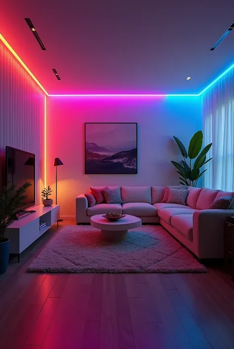 masterpiece, Excellent, +masterpiece, best quality, 1.RGB colorful light strip decoration，2.Colorful living room，3.Wide Angle，4.Ultra-high detail，