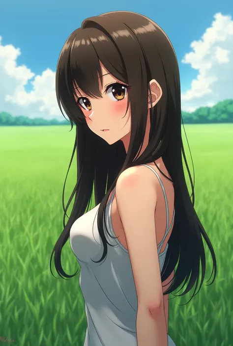 An anime girl with a long straight dark brown hair and dark brown eyes, with big breasts standing in a Grass field alone 