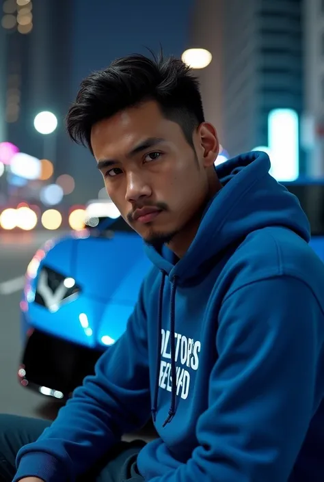 (photorealism:1.2),a 26 year old Indonesian man, wearing a blue hoodie, inscribed "EDITOR&#39;S REGARD", sitting next to a blue Lamborghini sports car, city night background. Real details, hyper realistic, UHD, Photography