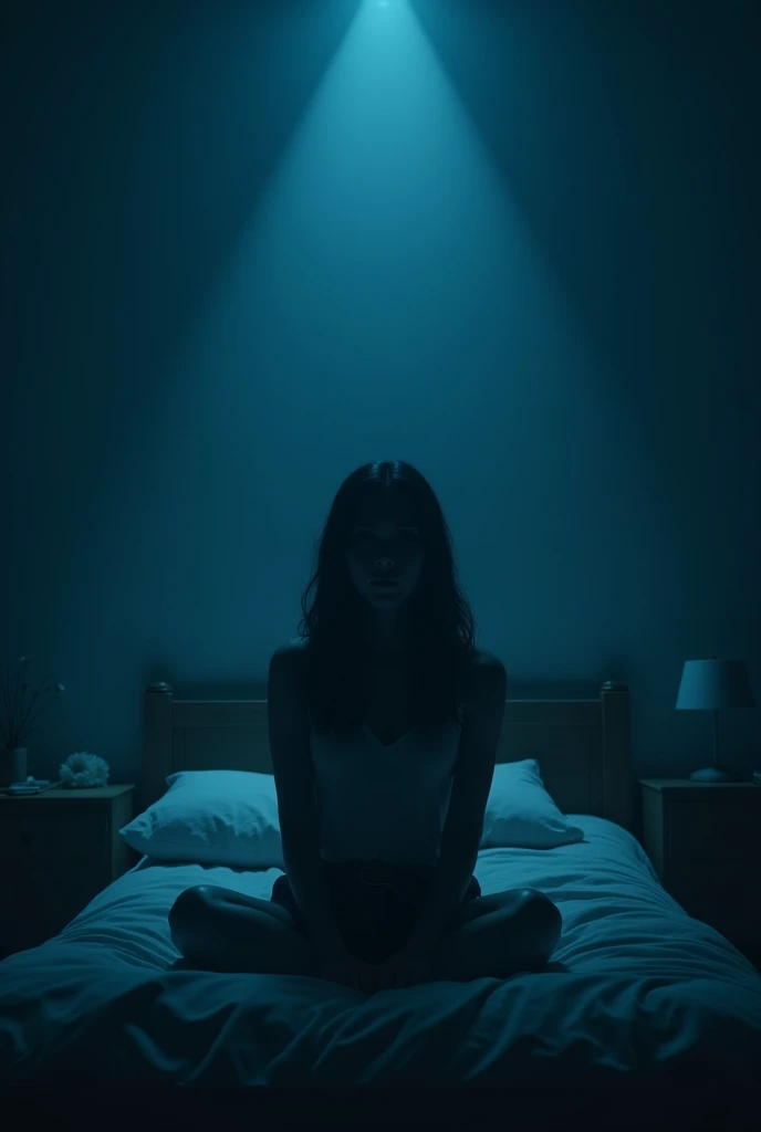 A dark room at night with blue LED. A single bed with a GIRL SITTING ON IT BACK