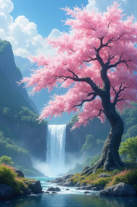 Create a Sakura tree with a waterfall in the background, want it for a poster