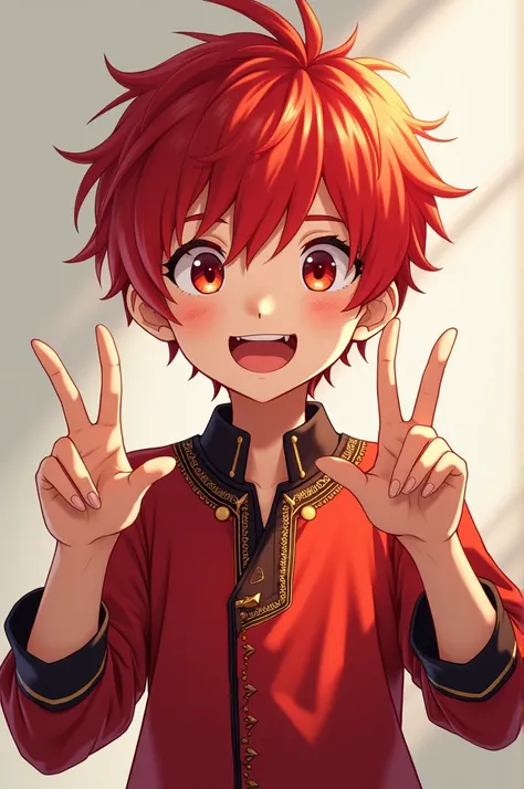 Boy with red hair wearing red anime style shirt pulling out lps 2 fingers
