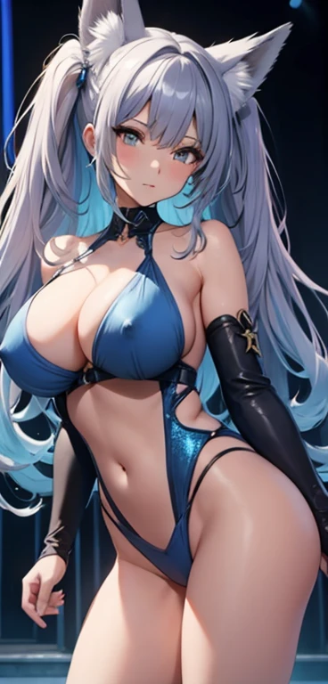 (Twin tail wavy hair:1.2).(Nipples are visible:1.1).(Fox Ears:1.2).(nsfw:1.3).(huge breasts:1.1 ).Beautiful detailed 18 year old Japanese woman, (Gray ash x blue hair color)Wearing erotic dance costumes: Sparkly holographic leotards and tutus, Leg warmers ...