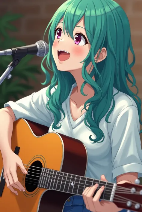 Japan Woman Playing Guitar、Her hair color is turquoise、Singing with a smile。