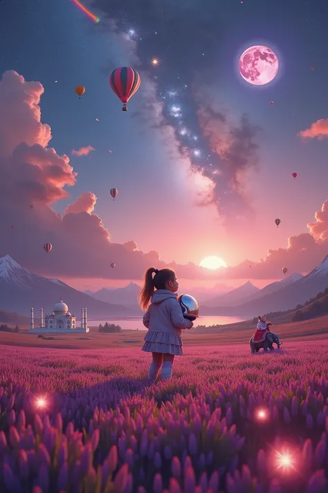 Vast landscape photography , (A view from Top, floating clouds above and the North Indian wide fields below), A girl standing in a colour pencil field looking up,  the sky is reflecting bright glowing soft Galaxy, she is holding an Astronaut Mask, surround...