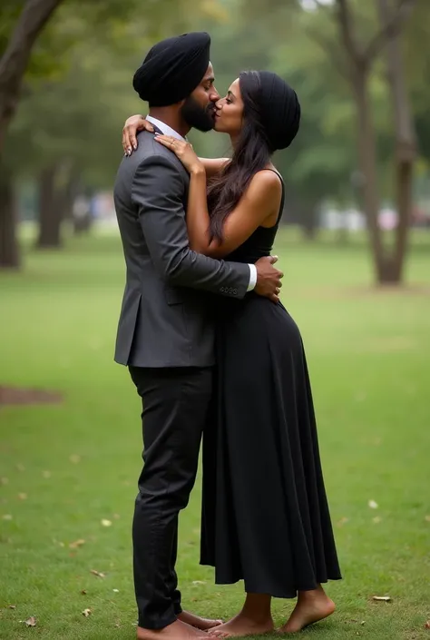 Black turban, black skirt, barefoot woman kissing her boyfriend in the park