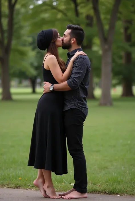 Black turban, black skirt, barefoot woman kissing her boyfriend in the park