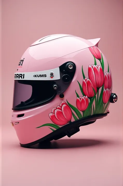 a picture of a formula 1 helmet, which is baby pink with tulips on the sides and the team is ferrari?