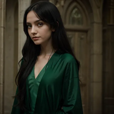 Make a beautiful thin girl with black long hair and bright green eyes colour wearing hogwarts robe as slytherin