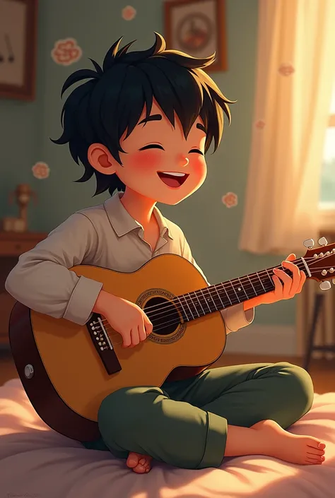 Please show me an illustration of a boy with lightly curled black hair that reaches his shoulders, sitting cross-legged and holding a guitar, singing happily.