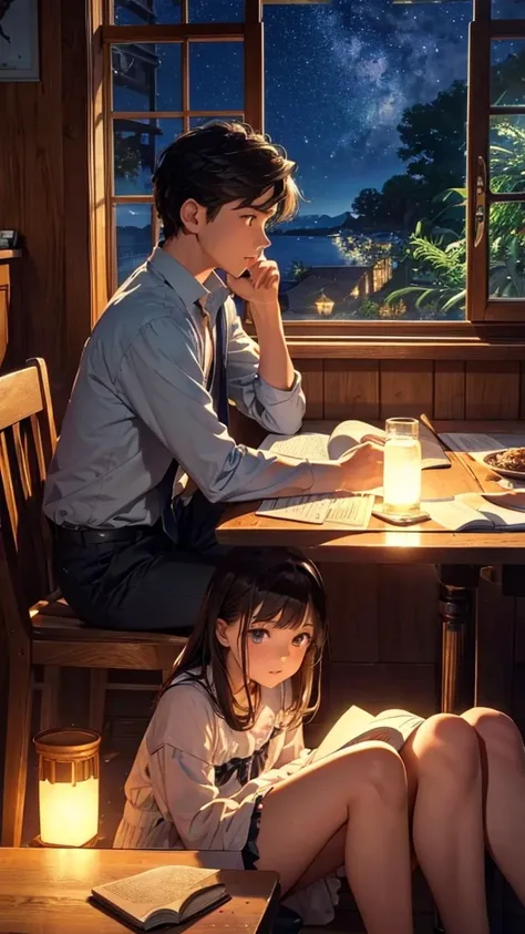 Wallpapers，tmasterpiece，best qualtiy，cinematic Film still from，Boy and girl sit together，Boy doing homework by the window，The girl looked at the starry sky，Looking at the sea in front of you，A full moon，autumnal，beachside，A huge book was outside the window...