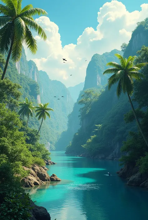 River surrounded by tropical forest and birds flying in the sky 