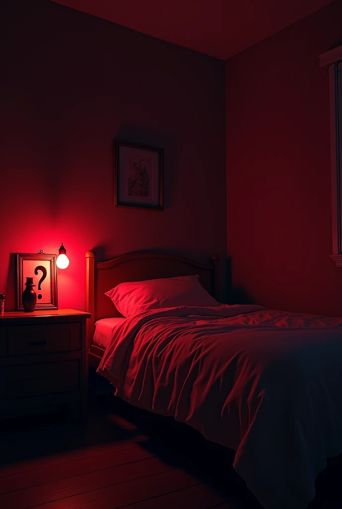 Dark teen room at night with red LED. A single bed and next to that bed a picture with a question mark. .