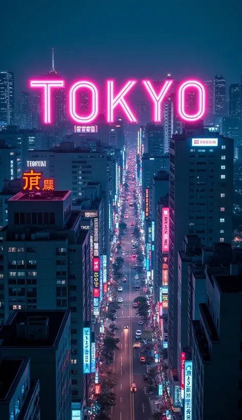 "A cinematic 8K aerial view of Akihabara at night, as described. The word &#39;Tokyo&#39; in a cyberpunk font style, with pink and blue neon, floats above the city. hyperrealistic, detailed, cinematic lighting."