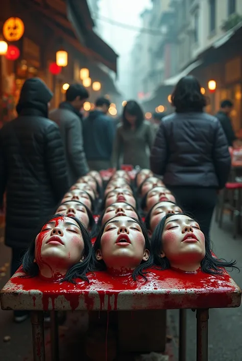 Horror, crazzy, Several decapitated heads of young woman, on a table, in a public market, full of blood, blood flowing, bleeding, photorealistic, 4K, Nikon, horror, Pretty face pale as a corpse, public market, asian face, realistic, hyper realistic