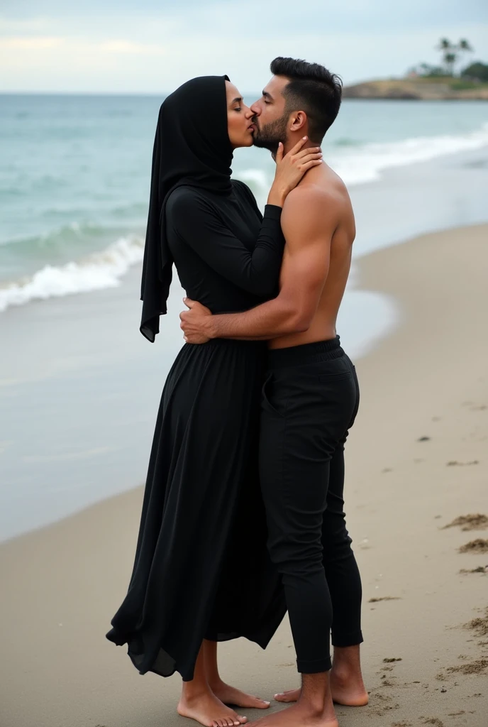 with black headscarf , black skirt,Barefoot woman kissing her boyfriend on the beach