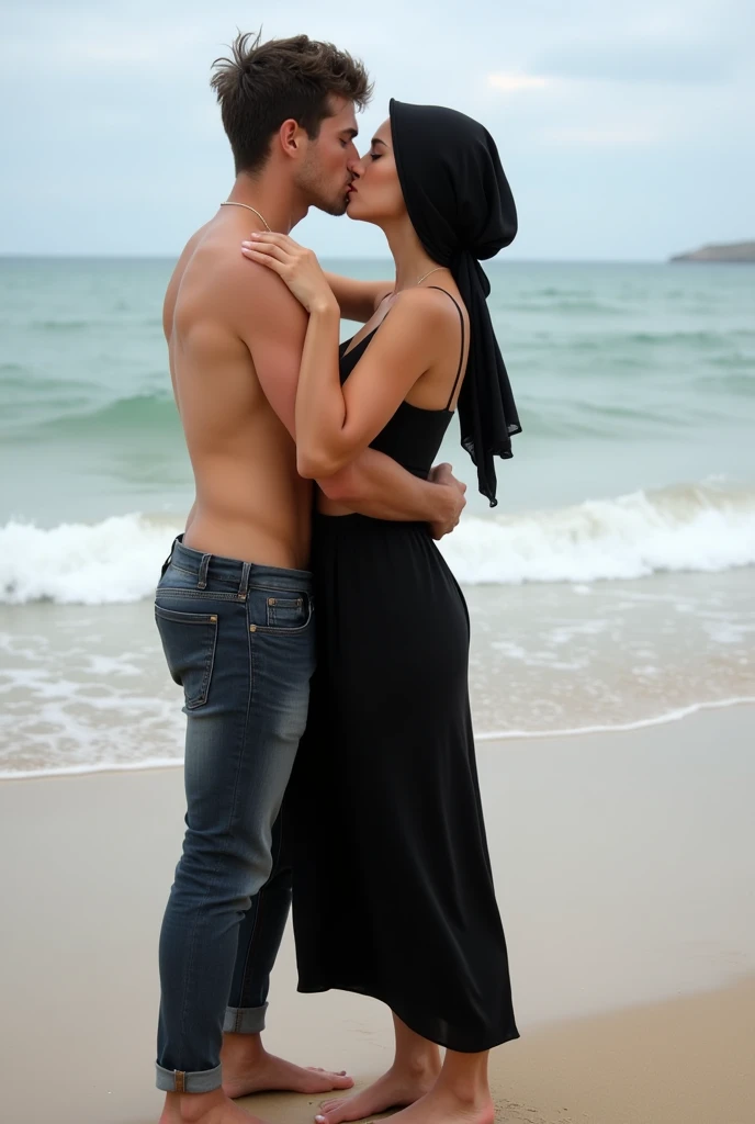 with black headscarf , black skirt,Barefoot woman kissing her boyfriend on the beach