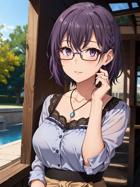 1 Girl, Mature female, masterpiece, , goddess,short hair ,((Purple Hair)),Glasses