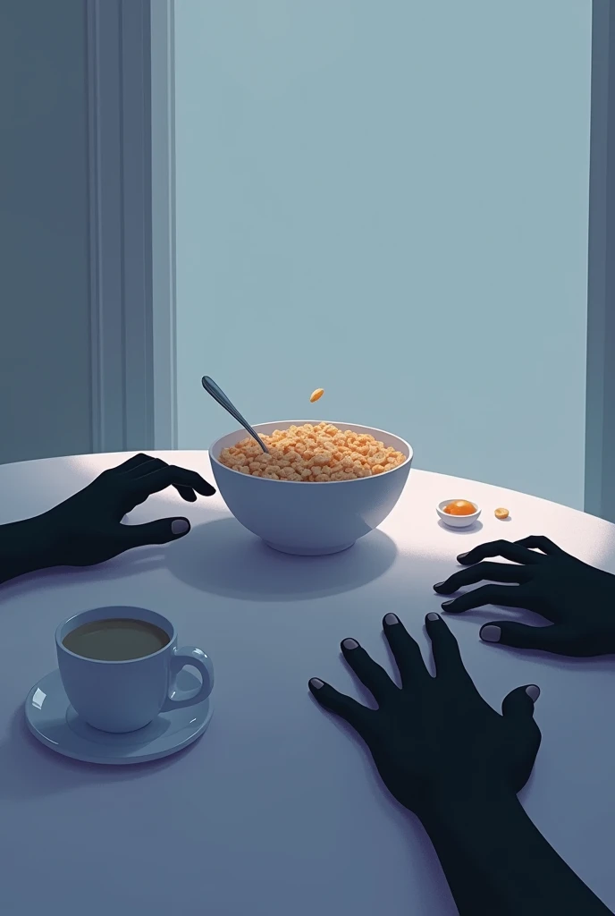 On the walking plan, there is a bowl of cereal on the table, a dripping drop of milk and a small puddle under the bowl, two black silhouettes of hands rest on the table, male and female. The color range is blue, purple.