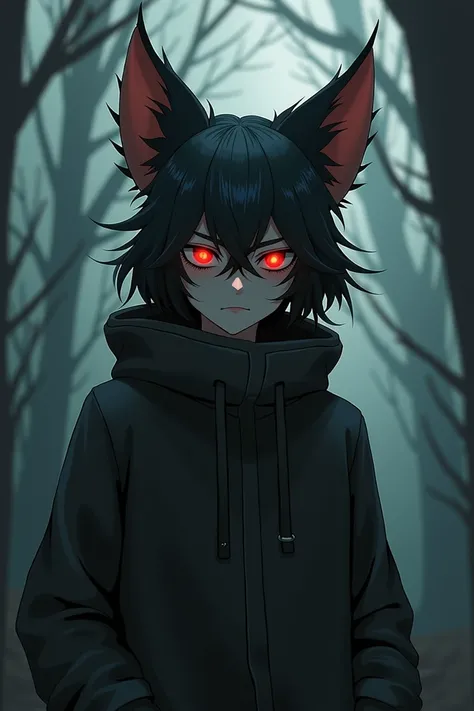 a hybrid of kitsune and vampire who lives in a forest, He is 12 years old, red eyes that express emptiness.