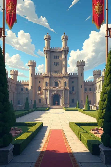 a big castle with a large courtyard, the castle has flags with a logo of the family "redsoil"