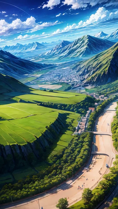 Anime landscape of the mountains and a town near it , 8k , unrealistic, high quality 