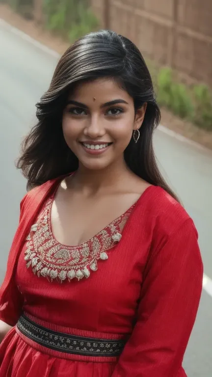 Day scene, close up photo of a indian from top view, posing on road, (wearing red dress and black scarp) , look at viewer and seductive smile, hyber realistic, (cinematic:1.3), intricate details, (ArtStation:1.2), photography by Max Dauthendey