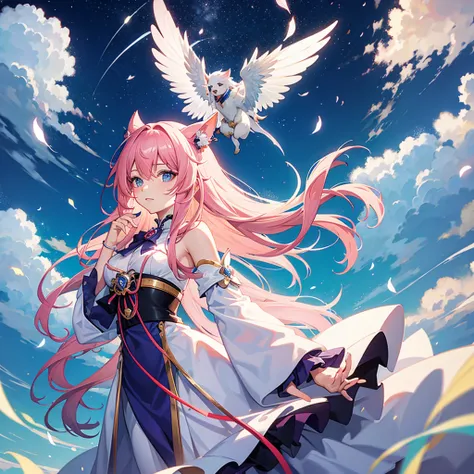 Woman with long pink hair and blue eyes. Cute white adventurer outfit with purple details and red bow ((estilo genshi impact)) white flowers with a single blue petal 