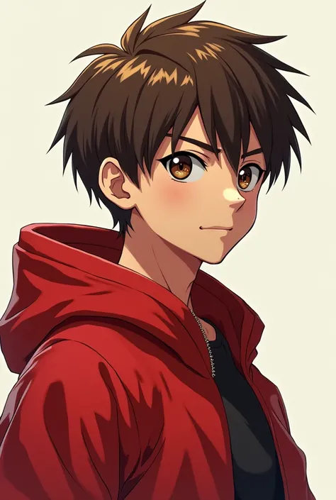 Boy with brown hair wearing a red hooded coat with two fingers of one muscular hand sticking out but with an adult-looking face that is ANIME-STYLE MANWHA SOLO LEVELING