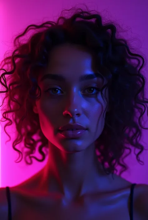 Face of a woman with curly hair. But curly hair also affects your face, except your eyes. And in the background a purple LED photo