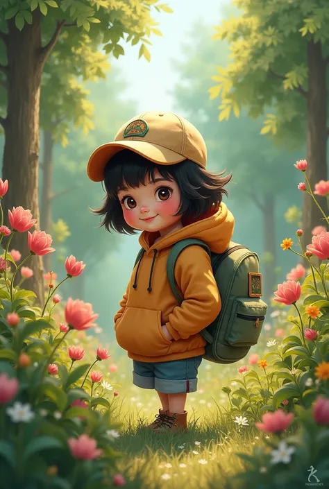 A chubby girl wearing hoodie, cap, bag in a garden 