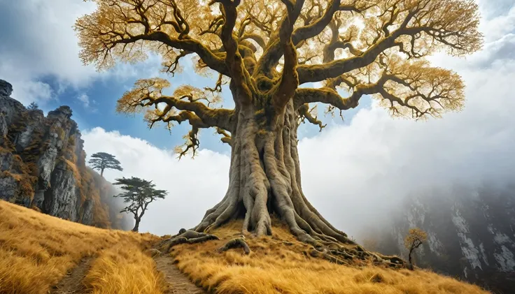 ((masterpiece, Fantasy,300km of Golden Trees, Ancient Giant Tree, Golden Leaf, Cloudy sky on background, Looking up angle)),cliff, grassland, fog