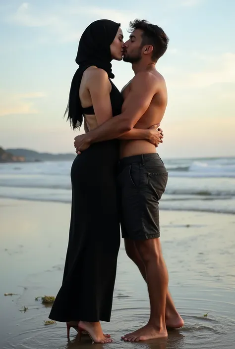 with black headscarf , black skirt,open .     Sexy woman wearing shoes kissing her boyfriend on the beach