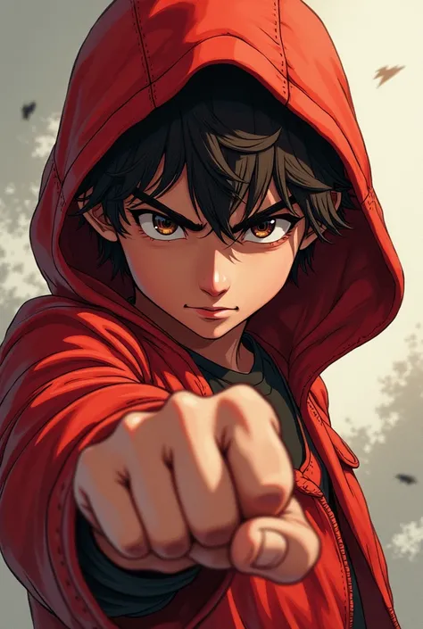 Boy with brown hair wearing a red hooded coat with two fingers of one muscular hand sticking out but with an adult-looking face that is ANIME-STYLE MANWHA SOLO LEVELING