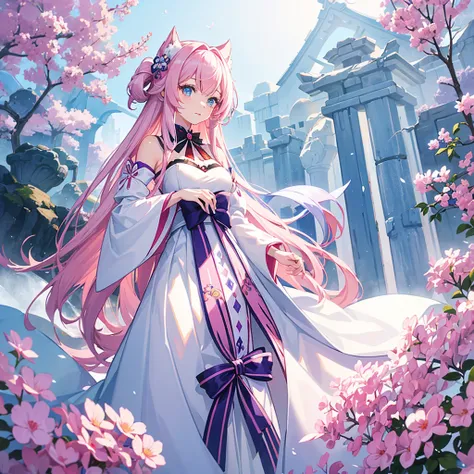 Woman with long pink hair and blue eyes. Cute white adventurer outfit with purple details and red bow ((estilo genshi impact)) white flowers with a single blue petal. Background scenery cellar of dawn Genshi impact statue of the seven anemo