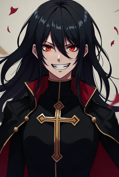 A male character smiling with a mean face,anime with a young appearance with long black hair with fiery eyes with black clothes and with a cross on the chest