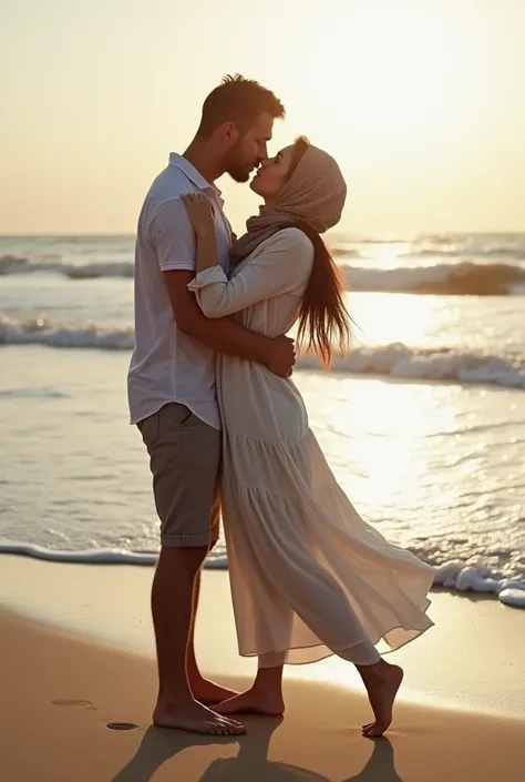 Barefoot woman in headscarf kissing her boyfriend on the beach