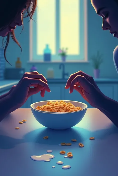 On the walking plan, there is a bowl of cereal on the table, a dripping drop of milk and a small puddle of milk under the bowl,  two black silhouettes of hands, male and female, lean on the table. Blurred kitchen background.The color scheme is blue, purple...