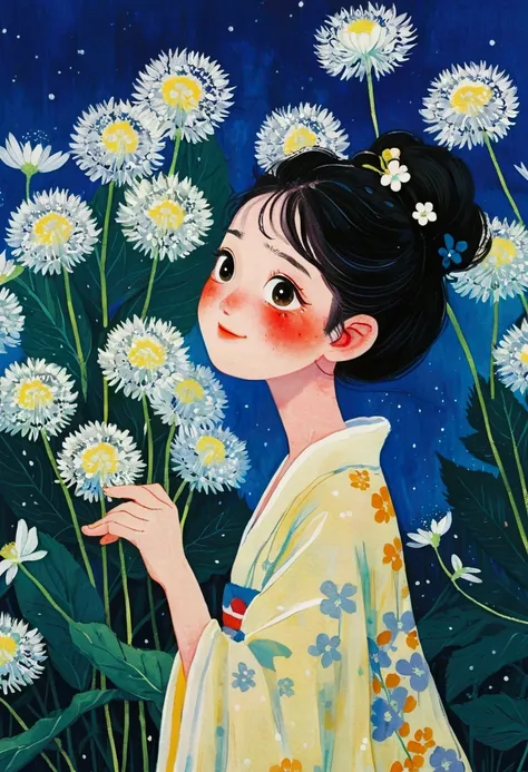 There is a painting of flowers，There is a quote above, Detailed paintings inspired by Haruki Murakami, tumblr, Ukiyo-e, Hiroyuki, Naoya Tanaka, Aoyama Tokio, joy, Hayao Miyazaki, joy wide memorable, Dandelion, hapiness, Tomoyuki Yamazaki, Hyouji Yuji